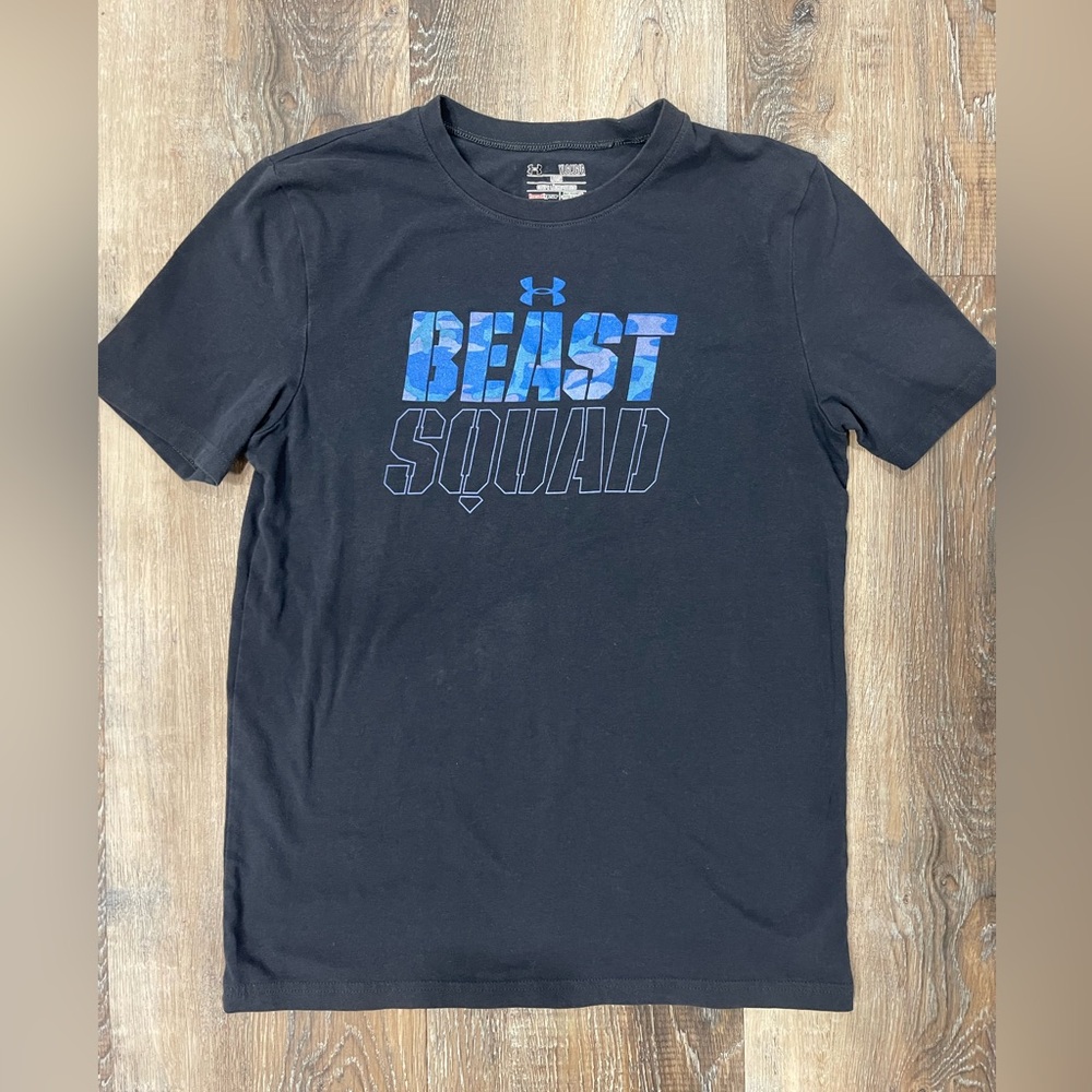 Boys Under Armour Black Tee with Blue Beast Squad Graphic
YLG Loose Fit